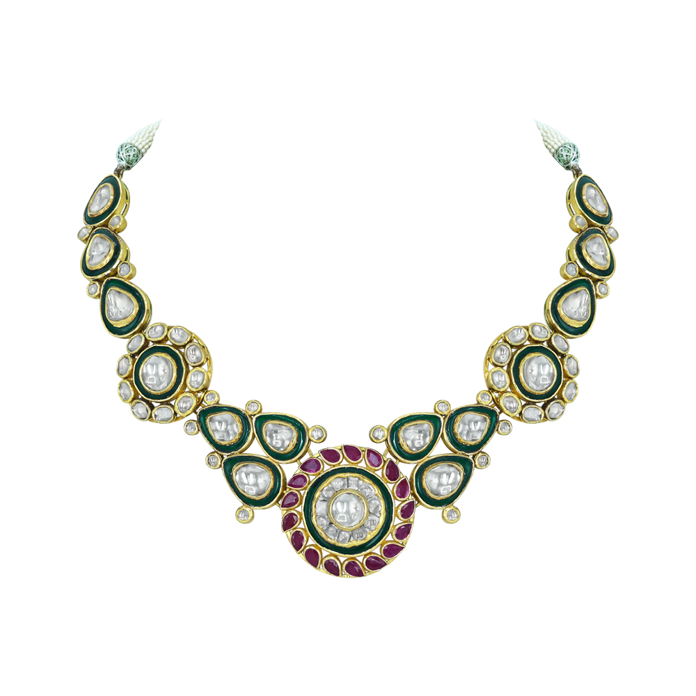 Polki Necklace with Red Rubies and Green Enamel